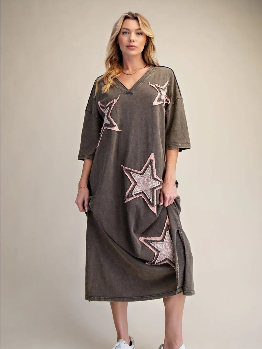 Blue Velvet Star patchwork Relaxed V-Neck Maxi Dress ash Pink Star Appliqués